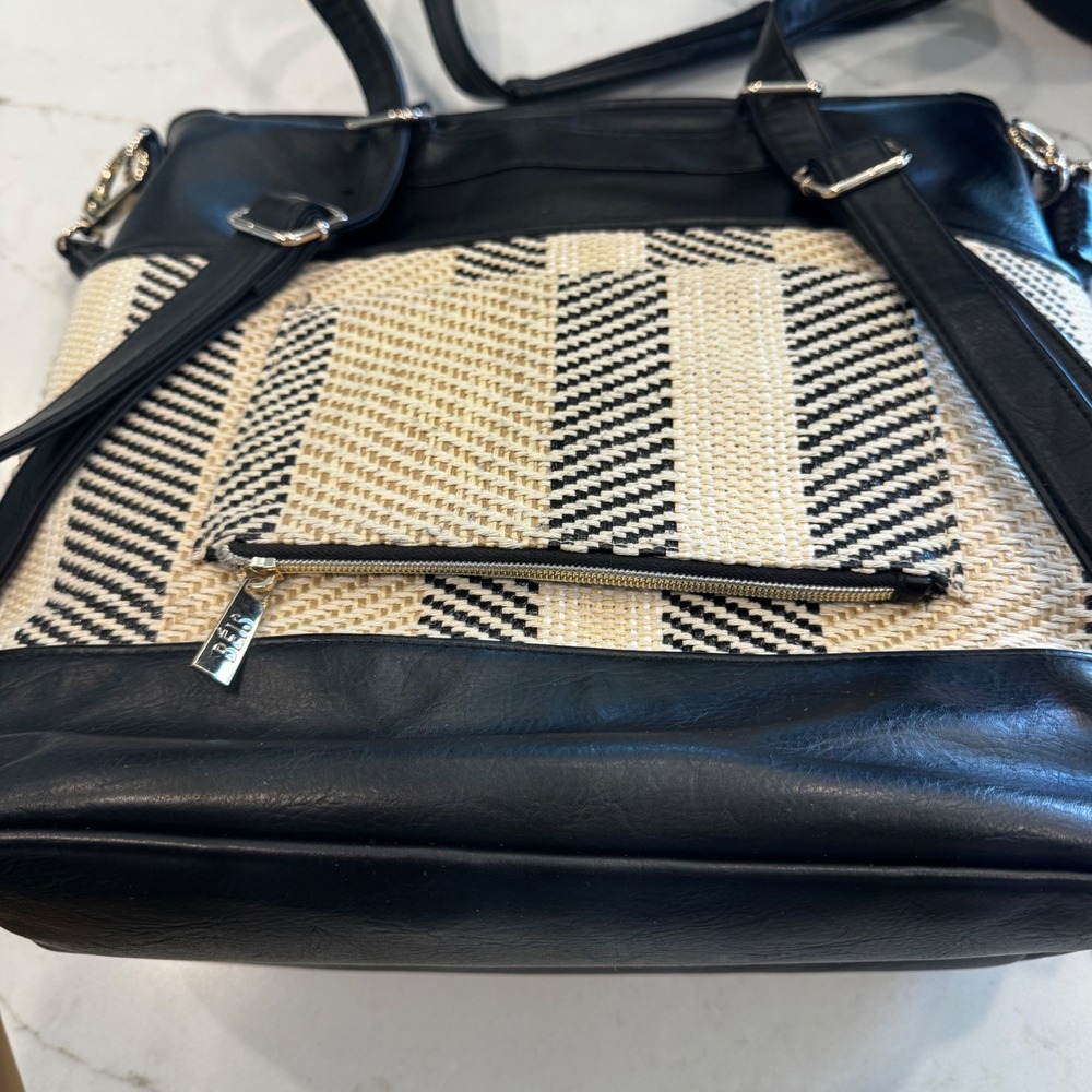 BEIS Convertible Tote Bag Black Cream Striped Faux Leather Woven Travel Handbag - Picture 5 of 16